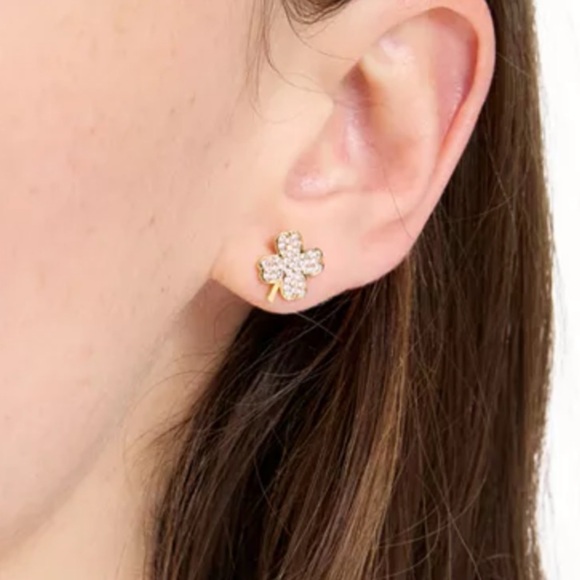 Kate Spade Lucky Charm Gold-Tone Pavé Crystal Clover Stud Earrings NWT - Picture 4 of 8